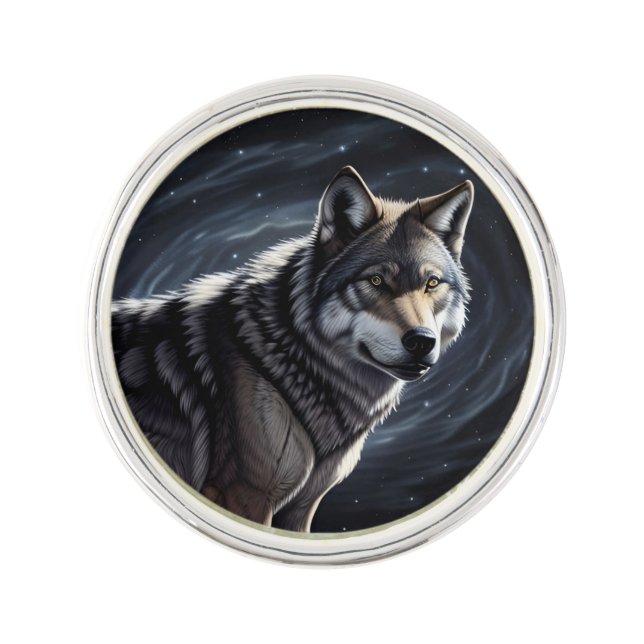 Majestic Wolf Under Starry Sky Lapel Pin (Front)