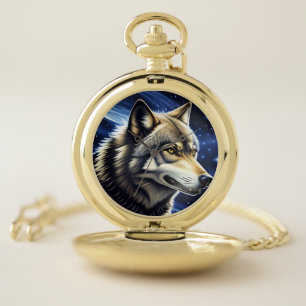 Majestic Wolf Under Starry Sky Pocket Watch