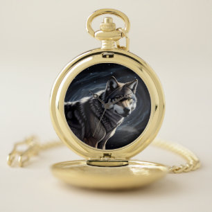 Majestic Wolf Under Starry Sky Pocket Watch