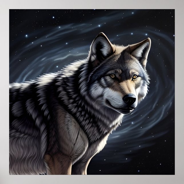 Majestic Wolf Under Starry Sky Poster (Front)