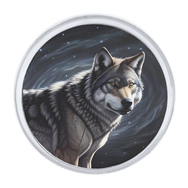 Majestic Wolf Under Starry Sky Silver Finish Lapel Pin (Front)