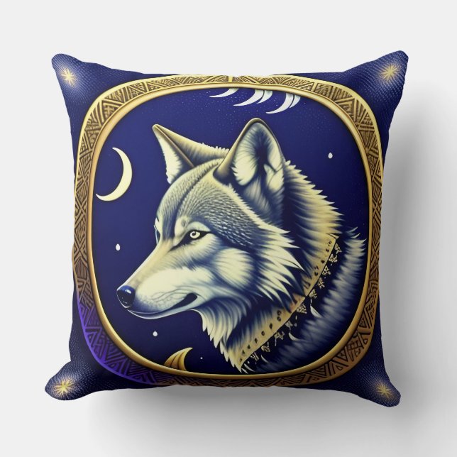 Majestic Wolf Under Starry Sky Throw Pillow (Front)