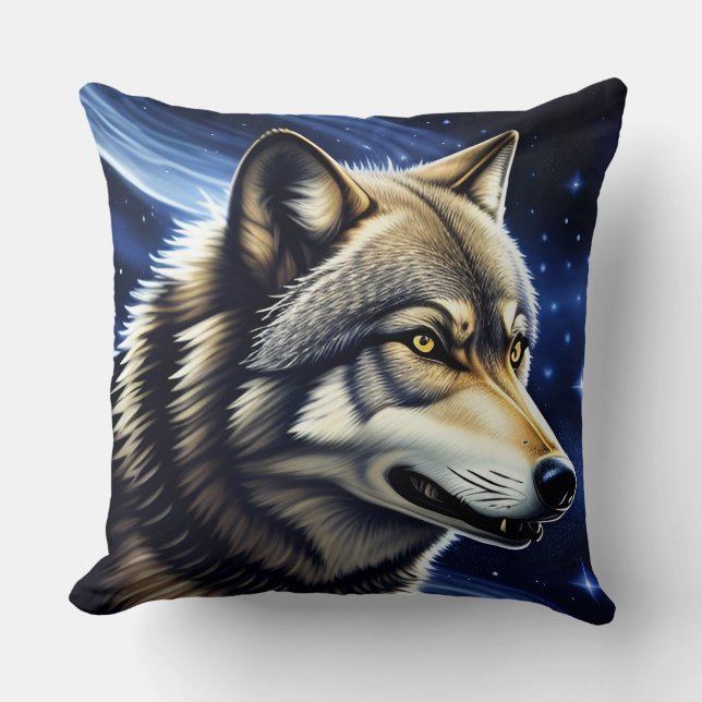 Majestic Wolf Under Starry Sky Throw Pillow (Front)