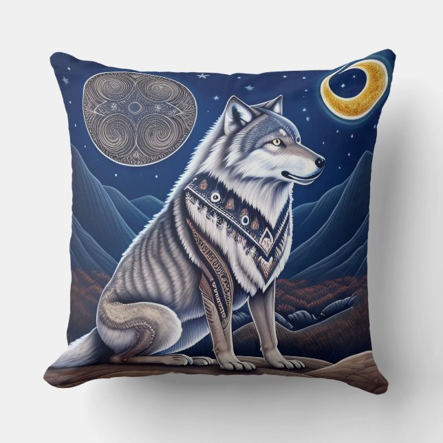 Majestic Wolf Under Starry Sky Throw Pillow (Front)