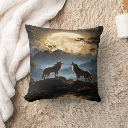 Majestic Wolves Howl Under Full Moonlight Throw Pillow