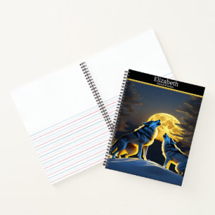 Majestic wolves howling at a bright moonlit night notebook