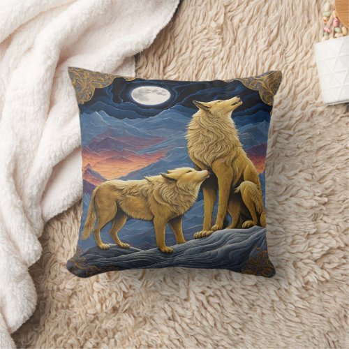 Majestic Wolves Howling Under Moonlit Sky Throw Pillow