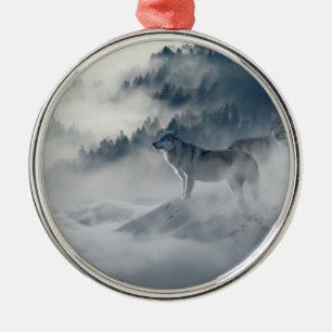 Majestic Wolves in the Forest Mist Metal Ornament