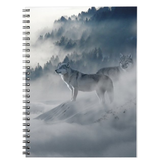 Majestic Wolves in the Forest Mist Notebook (Front)