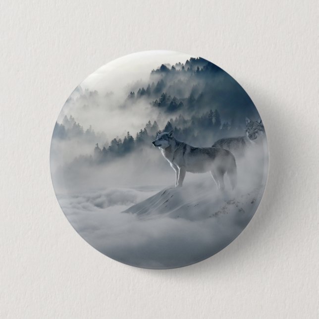 Majestic Wolves in the Forest Mist Pinback Button (Front)