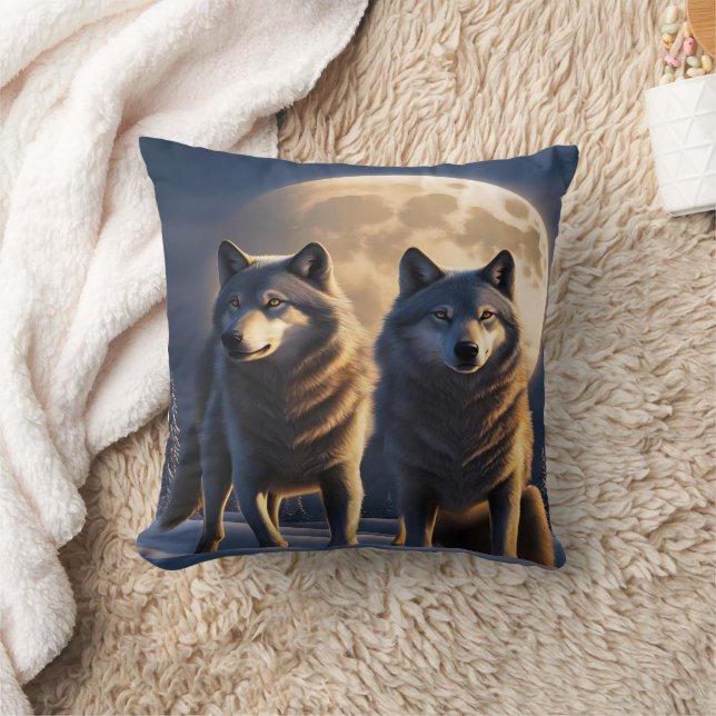 Majestic Wolves Under a Full Moon at Dusk Throw Pillow (Blanket)