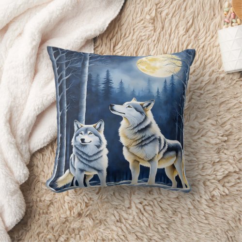 Majestic Wolves Under a Full Moonlit Sky Throw Pillow