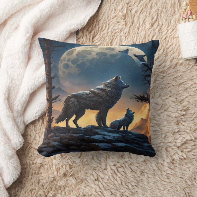 Majestic Wolves Under Full Moon.  Throw Pillow (Blanket)