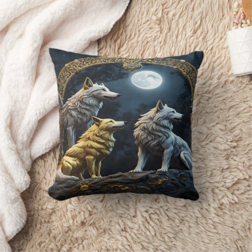 Majestic Wolves Under the Enchanted Moonlight Throw Pillow