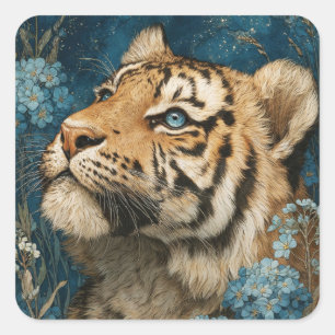 Majestic Young Tiger Looking Up in Floral Garden Square Sticker