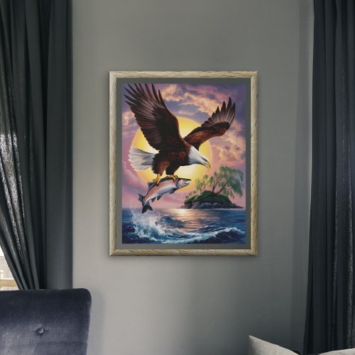 Majesty in Flight Eagle Soaring Above Fish Poster