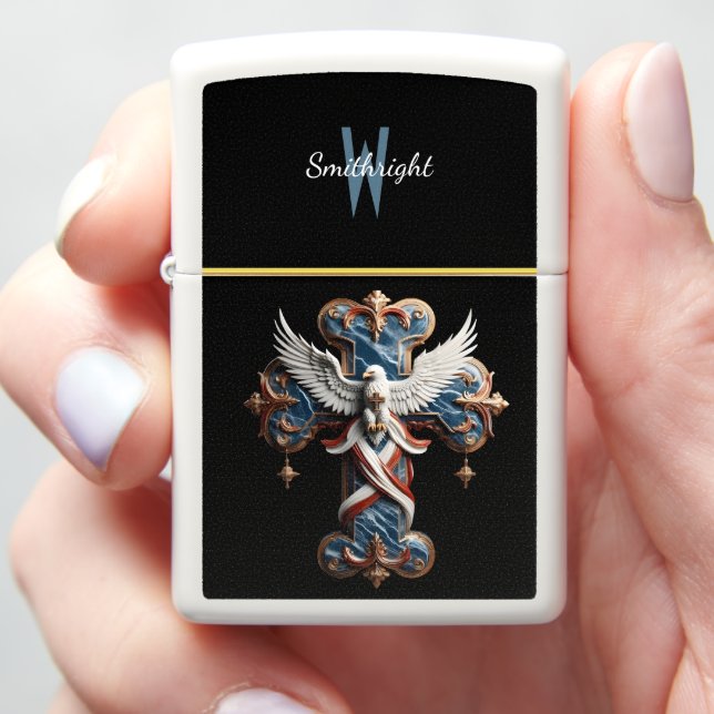 Majesty of Faith: Eagle Soaring Above Cross Zippo Lighter (In Hand)