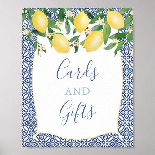 Majolica Baby Shower, Lemons Blue Tiles Poster - Watercolor lemons and pretty blossoms against a background of cobalt blue and white tile pattern for this stylish Shower or Birthday sign / decoration