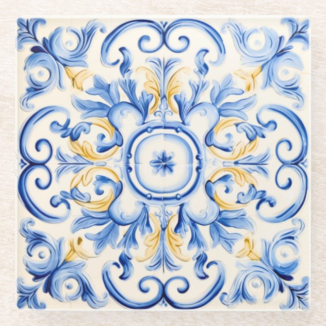 Majolica: Blue and Gold Glass Coaster (Front)
