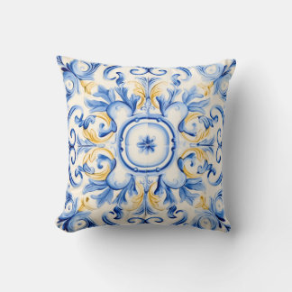 Majolica: Blue and Gold Throw Pillow