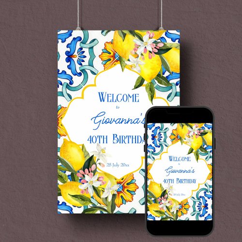 Majolica blue tiles lemons birthday welcome sign