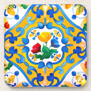 Majolica,blue tiles,Sicilian tiles,Ceramic Tile Beverage Coaster