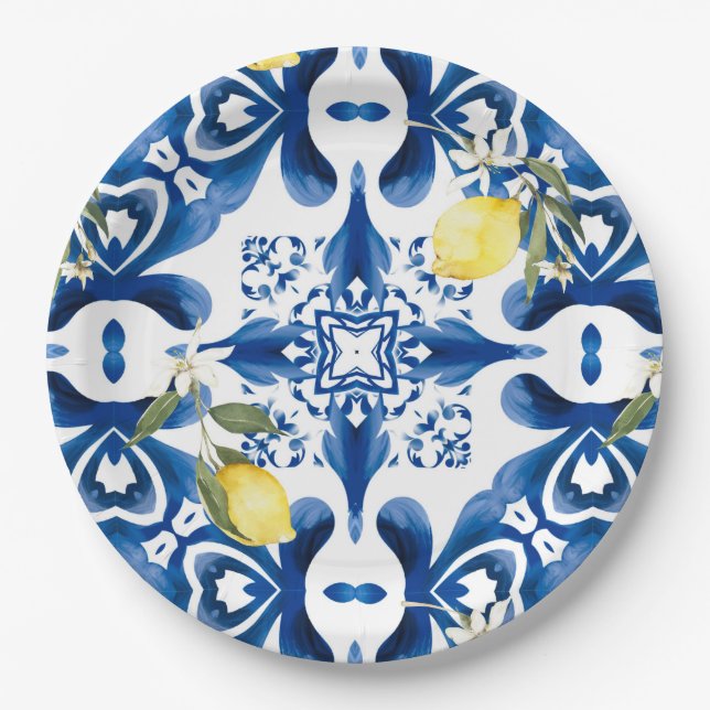 Majolica,lemon,Sicilian tiles,Ceramic Tile Paper Plates (Front)