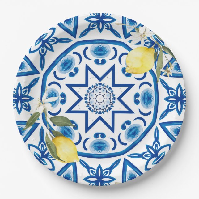 Majolica,lemon,Sicilian tiles,Ceramic Tile Paper Plates (Front)