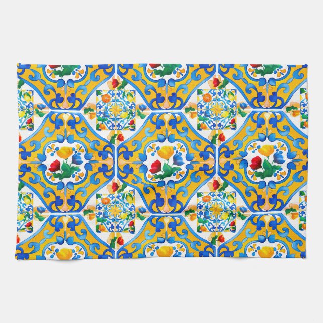 Majolica,lemon ,Sicilian tiles, Kitchen Towel (Horizontal)