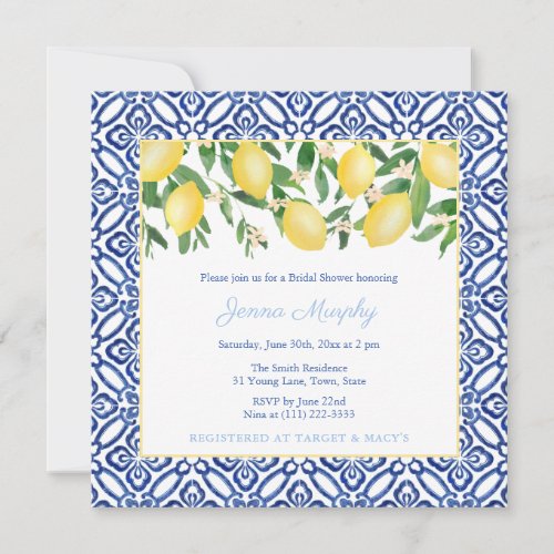 Majolica Lemons Blue  White Tiles Bridal Shower Invitation
