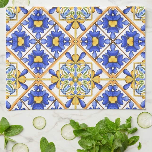 Majolica,Mediterranean tile, Kitchen Towel (Folded)