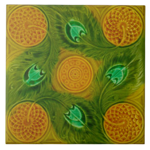 Majolica Nouveau Peacock Feathers Repro Antique Ceramic Tile