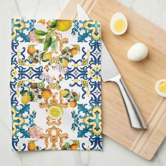 Majolica,Sicilian tiles,lemons citrus  Kitchen Towel (Quarter Fold)