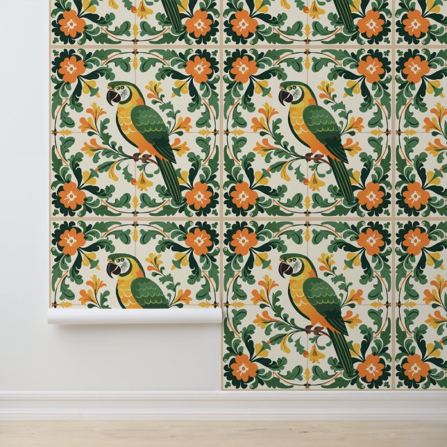 Majolica Style Parrot Tiles Wallpaper (Application)