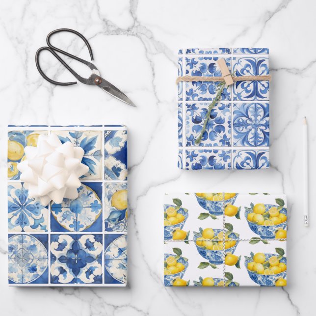 Majolica Tiles Blue Lemons Amalfi Italy 1 Wrapping Paper Sheets (Front)