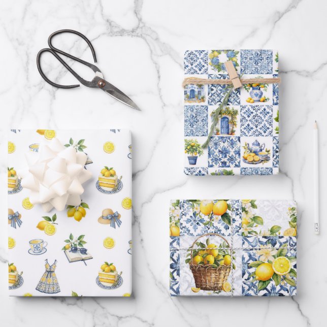 Majolica Tiles Blue Lemons Amalfi Italy 2 Wrapping Paper Sheets (Front)