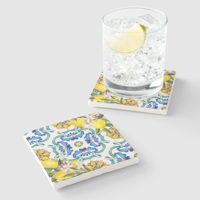 Majolica tiles lemons bridal shower favors stone coaster (Side)
