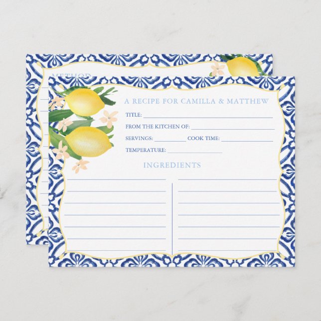 Majolica Tiles Lemons Bridal Shower Recipe Card (Front/Back)