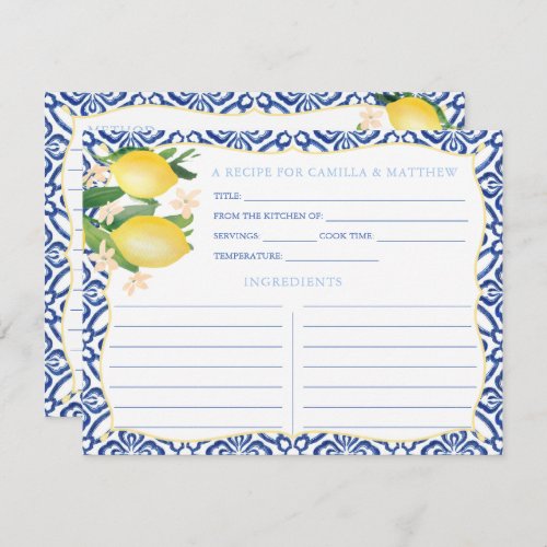 Majolica Tiles Lemons Bridal Shower Recipe Card - Recipe card design adorned with watercolor lemons, glossy green leaves and bold vintage blue and white tile to match my bridal shower invitation designs in the same colorway.