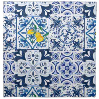 Majolica Designer Inspired Cotton Fabric With Lemons Tiles 