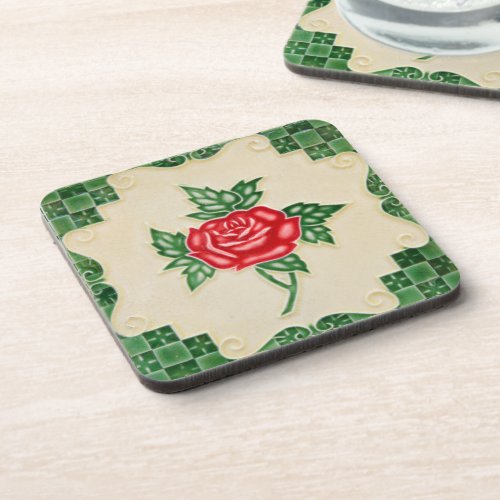 Majolica Vintage Red Rose Floral Decorative Tile Beverage Coaster