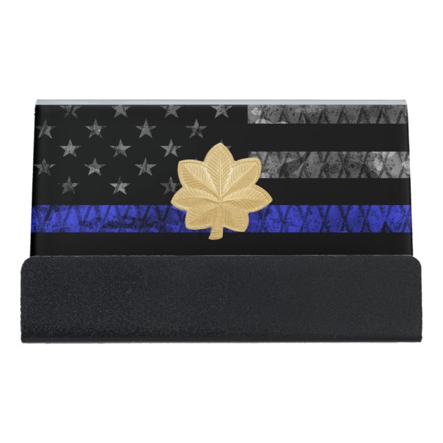 Major Thin Blue Line Distressed Flag Desk Business Card Holder (Front)