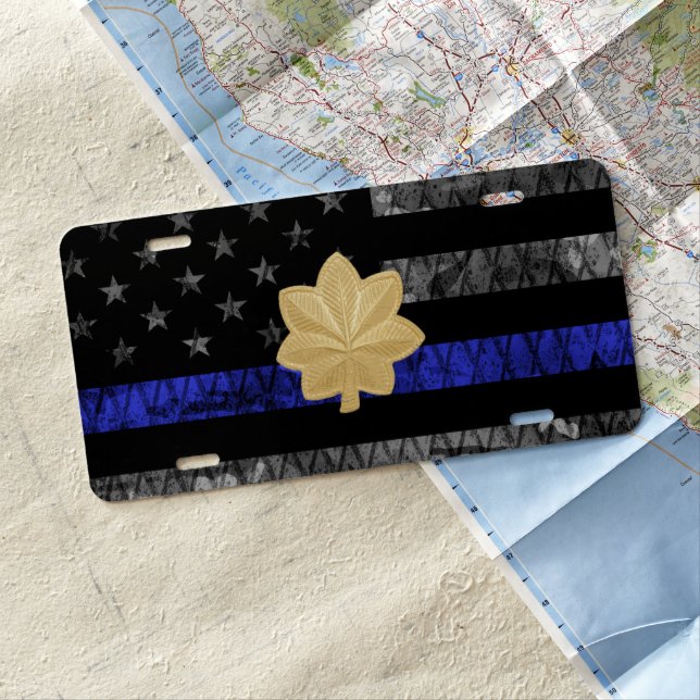 Major Thin Blue Line Distressed Flag License Plate (In Situ)