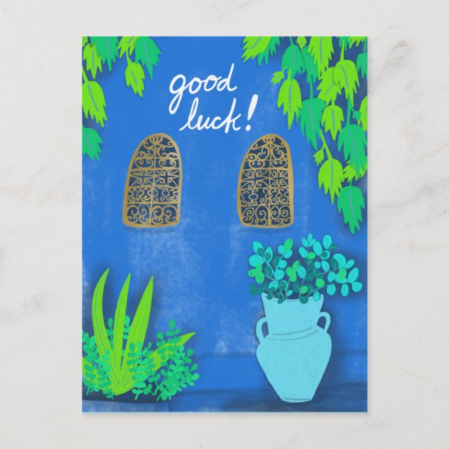 Majorelle Gardens Blue La Jardin GOOD LUCK Postcard (Front)