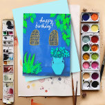 Majorelle Gardens Blue La Jardin HAPPY BIRTHDAY Postcard<br><div class="desc">Pretty blue walls and bright colorful plants,  hand drawn by me for you! Take a look at my shop for more!</div>
