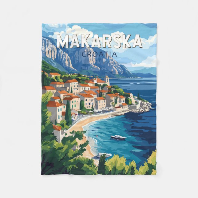 Makarska Croatia Illustration Travel Art Vintage Fleece Blanket (Front)