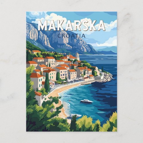 Makarska Croatia Illustration Travel Art Vintage Postcard