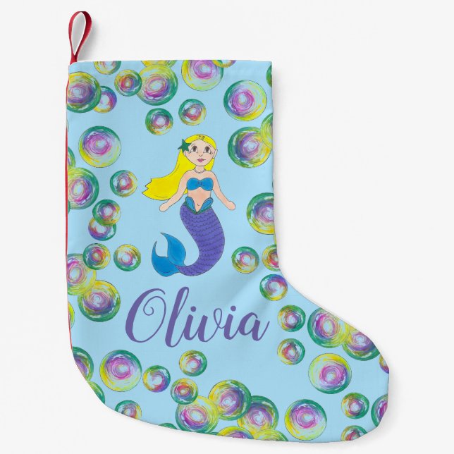 Make a Splash Swimming Mermaid Girl Bubbles Small Christmas Stocking (Front)