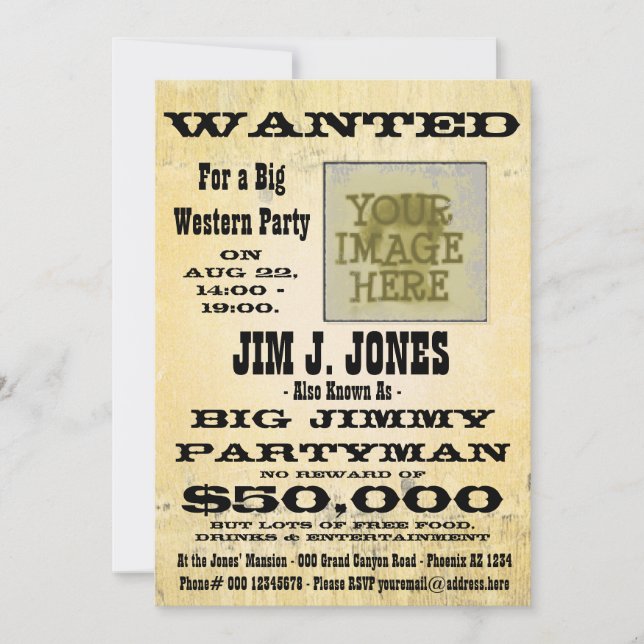 Make a Western Party Wanted Poster Invitation Card (Front)