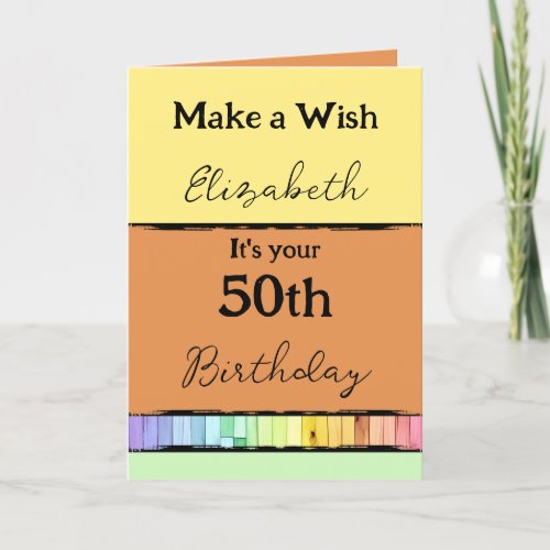 Make a wish add name orange 50th birthday card